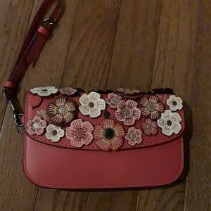 Coach Red Leather Wristlet with Floral Appliqués